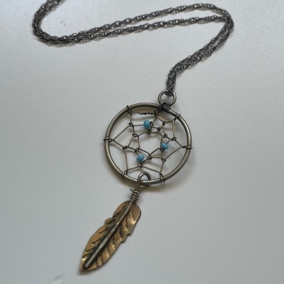 Dream catcher turquoise boho necklace feather woven brass gold bronze chain - Picture 1 of 5